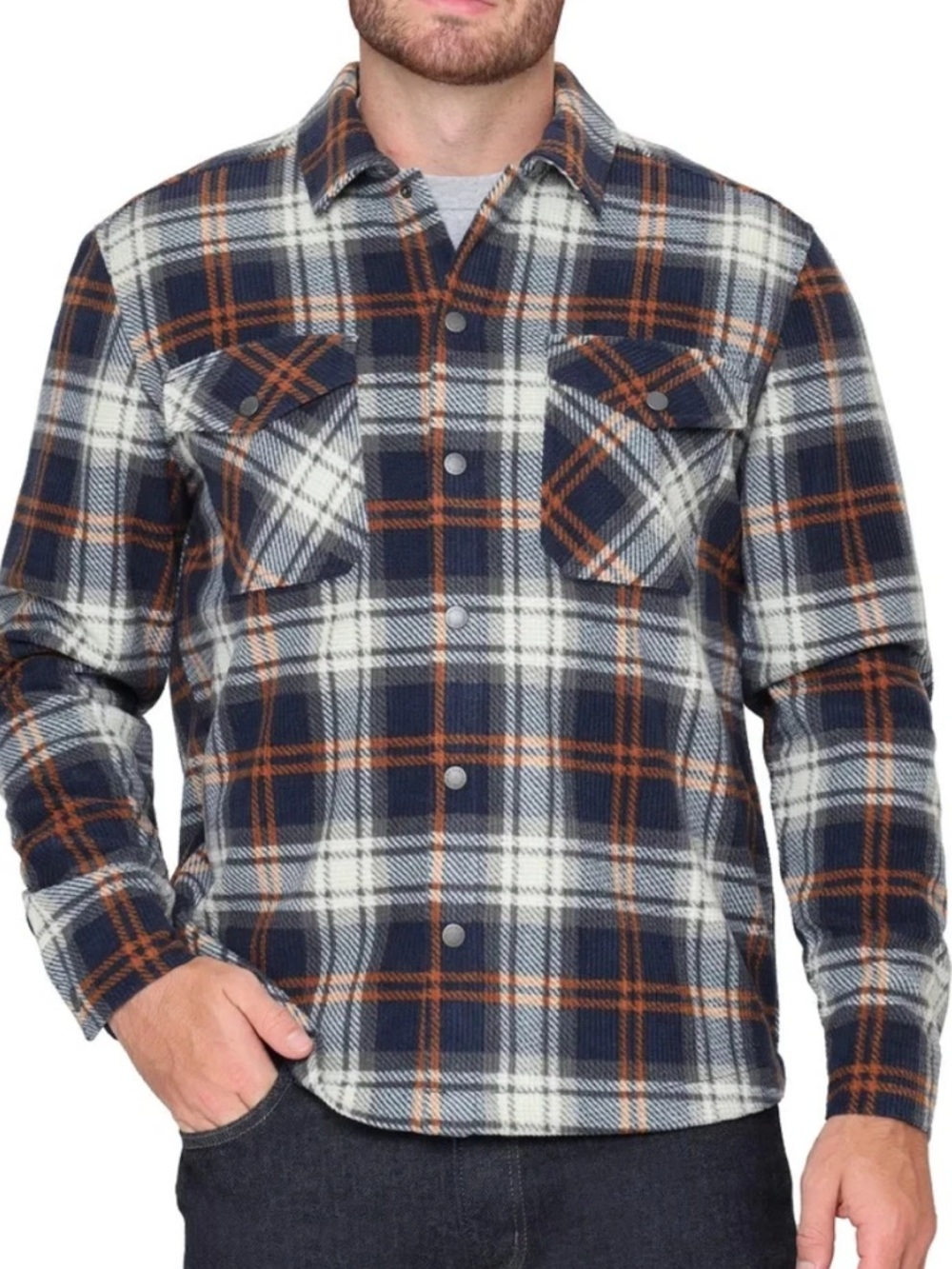 Men's Navy and Rust Plaid Button-Down Shirt Jacket